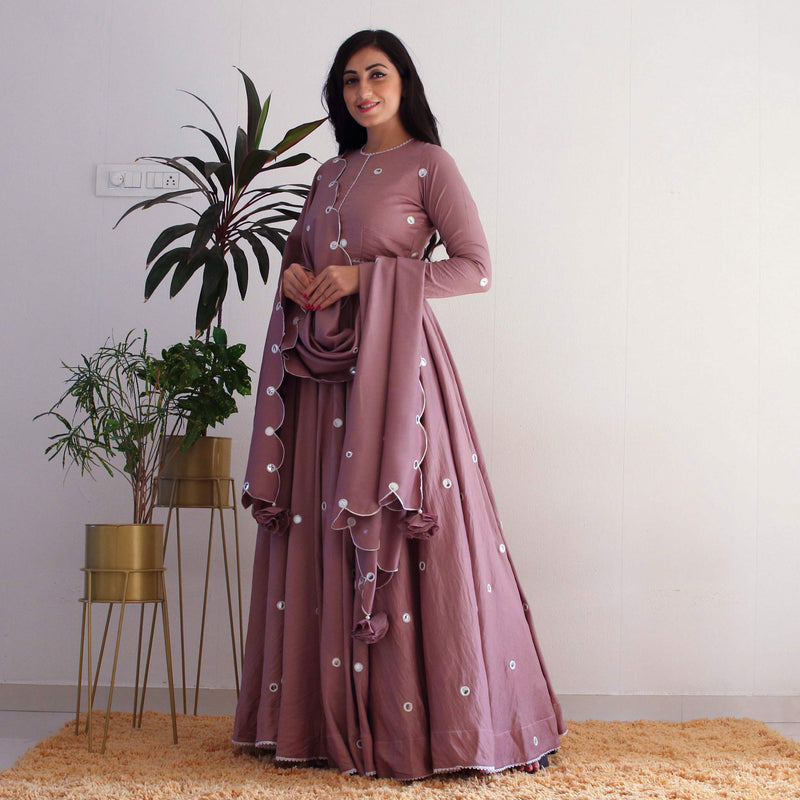 Purple Color Embroidery Work Ruffle Style Long Gown - Cloths